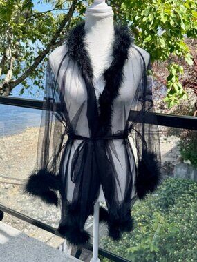 Savage X Fenty Black Mesh Marabou Feather Short Robe XL/1XL
